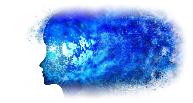 Acuarela de una cabeza de perfil en azul